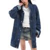 imagechouyatou Women Fall Western Utility Jean Jacket Oversized Distressed Y2K Long Denim Jacket Trench CoatDark Blue