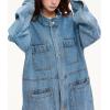 imagechouyatou Women Fall Western Utility Jean Jacket Oversized Distressed Y2K Long Denim Jacket Trench CoatLight Blue