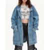 imagechouyatou Women Fall Western Utility Jean Jacket Oversized Distressed Y2K Long Denim Jacket Trench CoatLight Blue