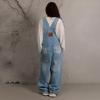 imagechouyatou Women Loose Denim Overall Pants Wide Leg Adjustable Strap Baggy One Piece Jumpsuit with PocketsBlue