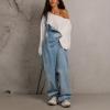 imagechouyatou Women Loose Denim Overall Pants Wide Leg Adjustable Strap Baggy One Piece Jumpsuit with PocketsBlue