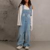 imagechouyatou Women Loose Denim Overall Pants Wide Leg Adjustable Strap Baggy One Piece Jumpsuit with PocketsBlue