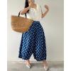 imagechouyatou Women Polka Dot Printed Wide Leg Cotton Pants Loose Elastic Waist Palazzo Trousers with PocketsDark Blue
