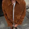 imagechouyatou Women Vintage Faux Suede Jacket Zip Up Bomber Jacket Lapel Collar Cropped Biker Moto Jacket CoatBrown