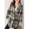 imagechouyatou Women Winter Notch Lapel Wool Blazer Trench Coat Plaid Double Breasted Business Causal PeacoatGrey
