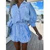 imagechouyatou Womens 2 Piece Outfits Striped Button Down Shirt Ruffled Pleated Mini Skirt Matching SetBlue