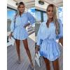 imagechouyatou Womens 2 Piece Outfits Striped Button Down Shirt Ruffled Pleated Mini Skirt Matching SetBlue