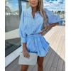imagechouyatou Womens 2 Piece Outfits Striped Button Down Shirt Ruffled Pleated Mini Skirt Matching SetBlue