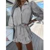 imagechouyatou Womens 2 Piece Outfits Striped Button Down Shirt Ruffled Pleated Mini Skirt Matching SetGray