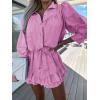 imagechouyatou Womens 2 Piece Outfits Striped Button Down Shirt Ruffled Pleated Mini Skirt Matching SetPink