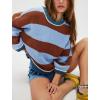 imagechouyatou Womens 2025 Color Block Striped Sweaters Crewneck Long Sleeve Casual Oversized Knitted Sweater TopsBlue and Brown
