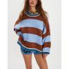 imagechouyatou Womens 2025 Color Block Striped Sweaters Crewneck Long Sleeve Casual Oversized Knitted Sweater TopsBlue and Brown
