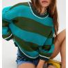 imagechouyatou Womens 2025 Color Block Striped Sweaters Crewneck Long Sleeve Casual Oversized Knitted Sweater TopsGreen