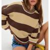 imagechouyatou Womens 2025 Color Block Striped Sweaters Crewneck Long Sleeve Casual Oversized Knitted Sweater TopsKhaki and Brown