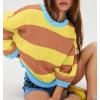 imagechouyatou Womens 2025 Color Block Striped Sweaters Crewneck Long Sleeve Casual Oversized Knitted Sweater TopsOrange and Yellow