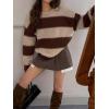 imagechouyatou Womens 2025 Contrast Striped Sweaters Y2k Vintage Pullover Sweater Slouchy Knit Jumper TopsCoffee Brown