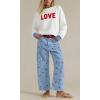 imagechouyatou Womens 2025 Crab Print Baggy Wide Leg Jeans Boyfriend Y2K Casual Floral Denim Ankle PantsLight Blue