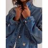imagechouyatou Womens 2025 Fall Embroidery Denim Jacket Vintage Boyfriend Casual Oversized Jean JacketBlue