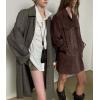 imagechouyatou Womens 2025 Retro Faux Suede Leather Shacket Jacket Lapel Collar Mid Long Jacket CoatCoffee