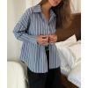 imagechouyatou Womens 2025 Striped ButtonDown Shirt Loose Business Casual Cotton Dress Shirt Blouse TopGrey