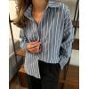 imagechouyatou Womens 2025 Striped ButtonDown Shirt Loose Business Casual Cotton Dress Shirt Blouse TopGrey