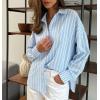 imagechouyatou Womens 2025 Striped ButtonDown Shirt Loose Business Casual Cotton Dress Shirt Blouse TopLight Blue