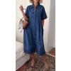 imagechouyatou Womens 2025 Summer Short Sleeve Denim Shirt Dress Midi Long Western Business Casual Jean DressBlue