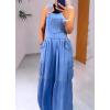 imagechouyatou Womens Adjustable Strap Denim Bib Overall Casual Loose Wide Leg Pocketed Jumpsuit Cargo PantBlue