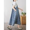 imagechouyatou Womens Boho Floral Embroidery Denim Overall Dress ALine Tie Knot Back Midi Long Jean Jumper DressBlue