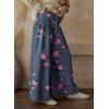 imagechouyatou Womens Boho Wide Leg Floral Denim Pants Pleated Elastic Waist Drawstring Palazzo JeansBlue