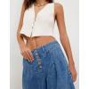 imagechouyatou Womens Boyfriend Baggy Jeans Flare Wide Leg Denim Pants Elastic Waist Button Pleated Culotte JeansDark Blue