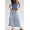imagechouyatou Womens Boyfriend Baggy Jeans Flare Wide Leg Denim Pants Elastic Waist Button Pleated Culotte JeansLight Blue