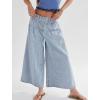 imagechouyatou Womens Boyfriend Baggy Jeans Flare Wide Leg Denim Pants Elastic Waist Button Pleated Culotte JeansLight Blue