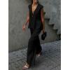imagechouyatou Womens Casual 2 Piece Outfits Peplum Ruffle Tank Top Wide Leg Long Palazzo Pants Matching SetBlack