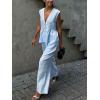 imagechouyatou Womens Casual 2 Piece Outfits Peplum Ruffle Tank Top Wide Leg Long Palazzo Pants Matching SetLight Blue