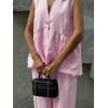 imagechouyatou Womens Casual 2 Piece Outfits Peplum Ruffle Tank Top Wide Leg Long Palazzo Pants Matching SetPink