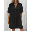 imagechouyatou Womens Casual Short Sleeve Button Down Mini Shirt Dress Cotton Babydoll Tunic Loose Beach DressBlack