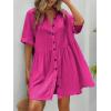imagechouyatou Womens Casual Short Sleeve Button Down Mini Shirt Dress Cotton Babydoll Tunic Loose Beach DressRose Red