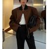 imagechouyatou Womens Casual Single Breasted Cropped Wool Blazer Jacket Contrast Collar Wool Blend Short Pea Coat OvercoatBrown