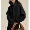 imagechouyatou Womens Casual V Neck Pullover Sweaters Ribbed Knit Slouchy Jumper Tops with Removable ScarfBlack