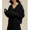 imagechouyatou Womens Casual V Neck Pullover Sweaters Ribbed Knit Slouchy Jumper Tops with Removable ScarfBlack
