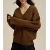 imagechouyatou Womens Casual V Neck Pullover Sweaters Ribbed Knit Slouchy Jumper Tops with Removable ScarfBrown