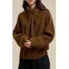 imagechouyatou Womens Casual V Neck Pullover Sweaters Ribbed Knit Slouchy Jumper Tops with Removable ScarfBrown