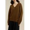 imagechouyatou Womens Casual V Neck Pullover Sweaters Ribbed Knit Slouchy Jumper Tops with Removable ScarfBrown
