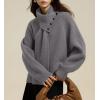 imagechouyatou Womens Casual V Neck Pullover Sweaters Ribbed Knit Slouchy Jumper Tops with Removable ScarfGray