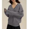 imagechouyatou Womens Casual V Neck Pullover Sweaters Ribbed Knit Slouchy Jumper Tops with Removable ScarfGray