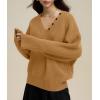 imagechouyatou Womens Casual V Neck Pullover Sweaters Ribbed Knit Slouchy Jumper Tops with Removable ScarfKhaki