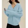 imagechouyatou Womens Casual V Neck Pullover Sweaters Ribbed Knit Slouchy Jumper Tops with Removable ScarfLight Blue