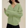 imagechouyatou Womens Casual V Neck Pullover Sweaters Ribbed Knit Slouchy Jumper Tops with Removable ScarfLight Green