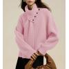 imagechouyatou Womens Casual V Neck Pullover Sweaters Ribbed Knit Slouchy Jumper Tops with Removable ScarfPink